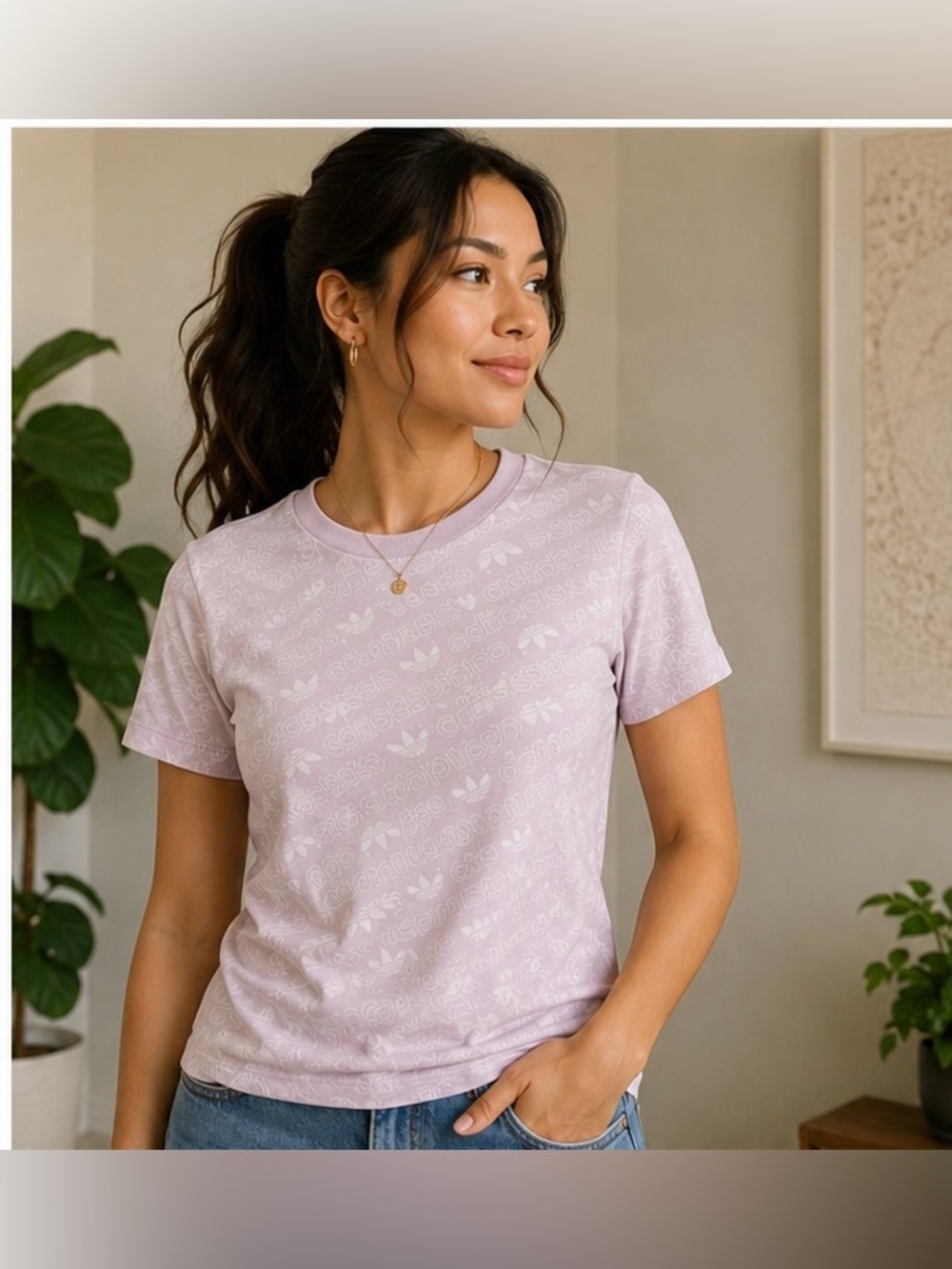 Adidas Originals All Over Trefoil Logo Tee Women’s Small Pink Graphic T-Shirt